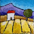 Champs Jaunes et maisonHuile au couteau -20x20 cm-
